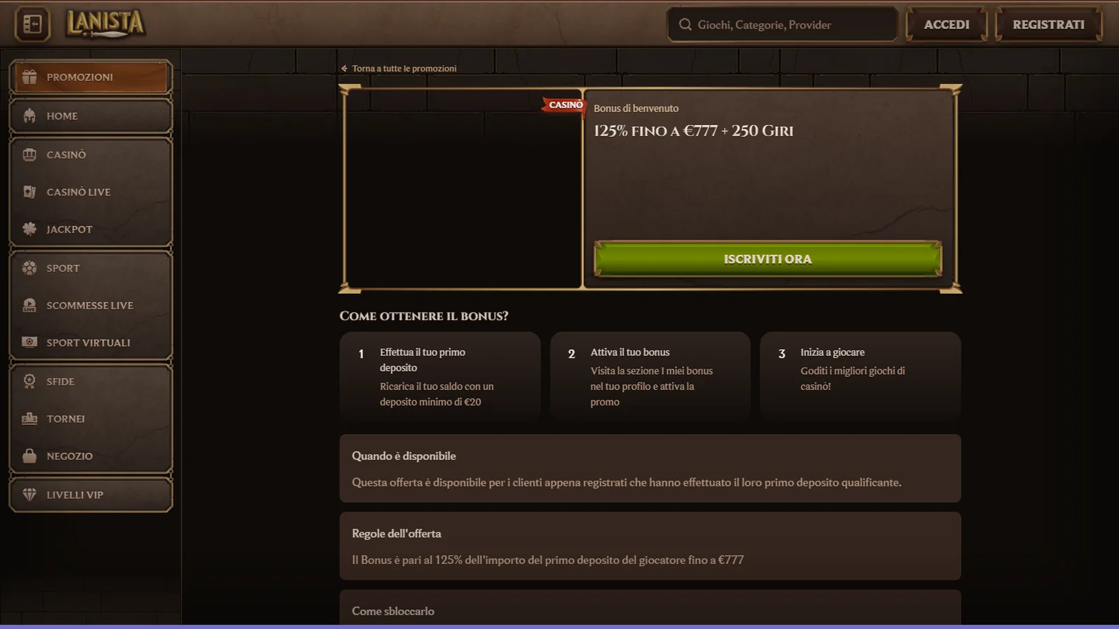 La pagina Promozioni con il bonus di benvenuto 125% fino a €777 + 250 giri, i tre passi per ottenerlo e le regole dell'offerta