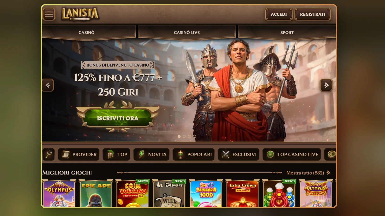 La home mobile del casino Lanista con il banner del bonus di benvenuto 125% fino a €777 + 250 giri e le schede Casinò, Casinò Live e Sport
