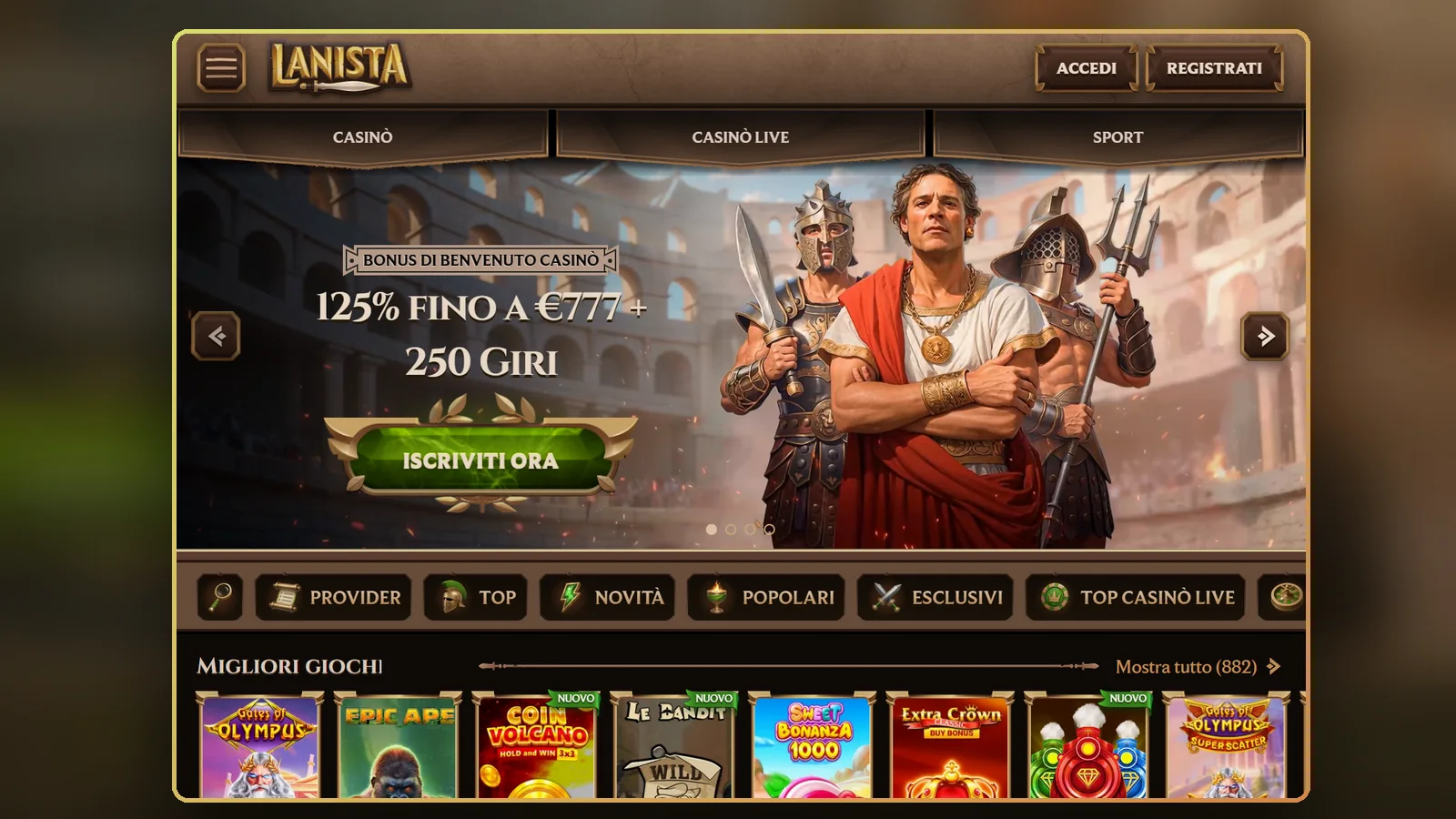 La home mobile del casino con il banner del bonus di benvenuto 125% fino a €777 + 250 giri e la fila di sezioni Provider, Top, Novità e Popolari