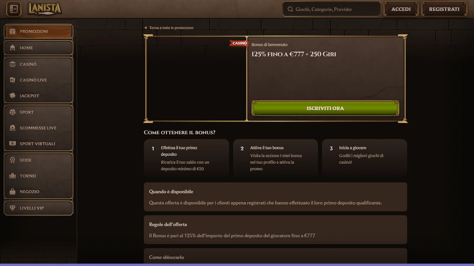 La pagina Promozioni con il bonus di benvenuto 125% fino a €777 + 250 giri, da leggere prima di giocare le slot